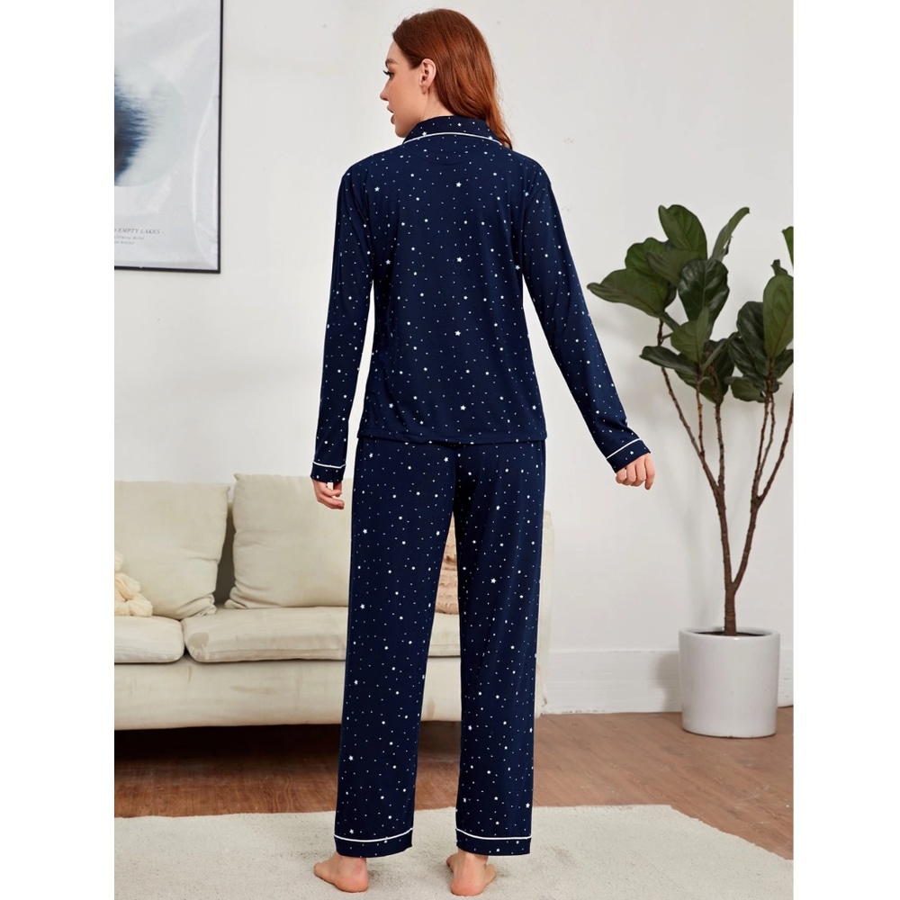 Navy Blue Star Print White Contrast Piping Trim Pajama Set 2 Piece Shirt, Pants - Picture 5 of 6